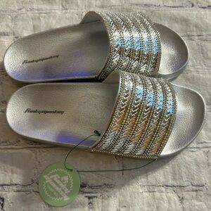 FUNKY MONKEY RHINESTONES SLIDE SANDALS SILVER WOMEN’S SIZE USA 6